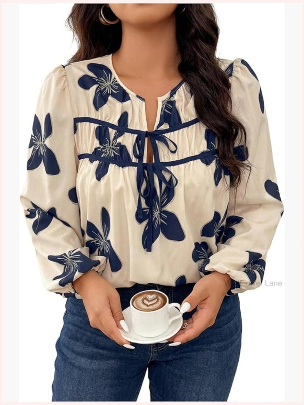 Floral Puff Long Sleeve Notched Neck Tie Front Blouse Tunic Top